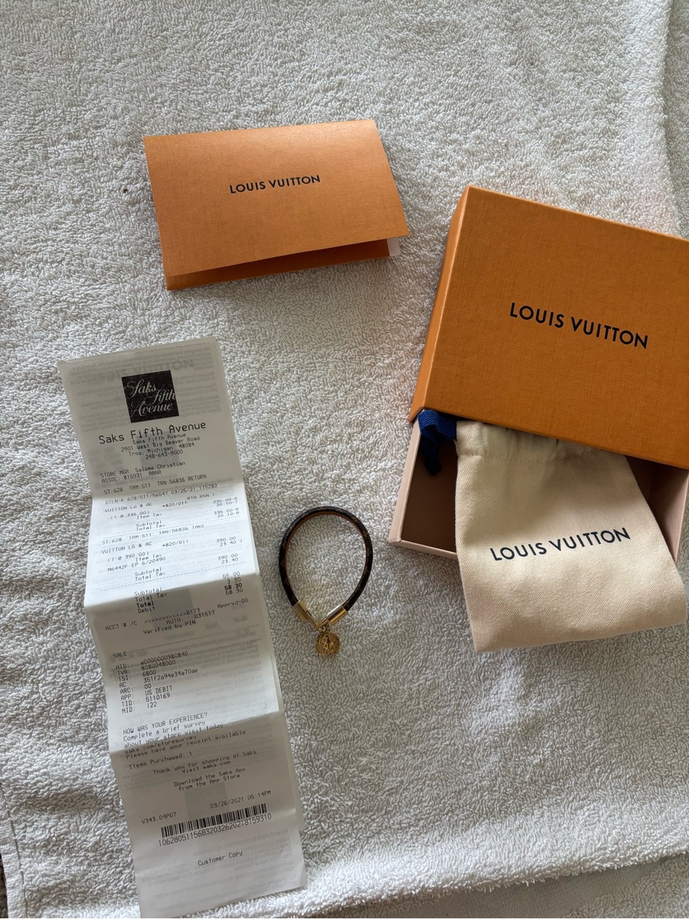 Louis Vuitton Brown Monogram Leather Bracelet with Gold LV Charm